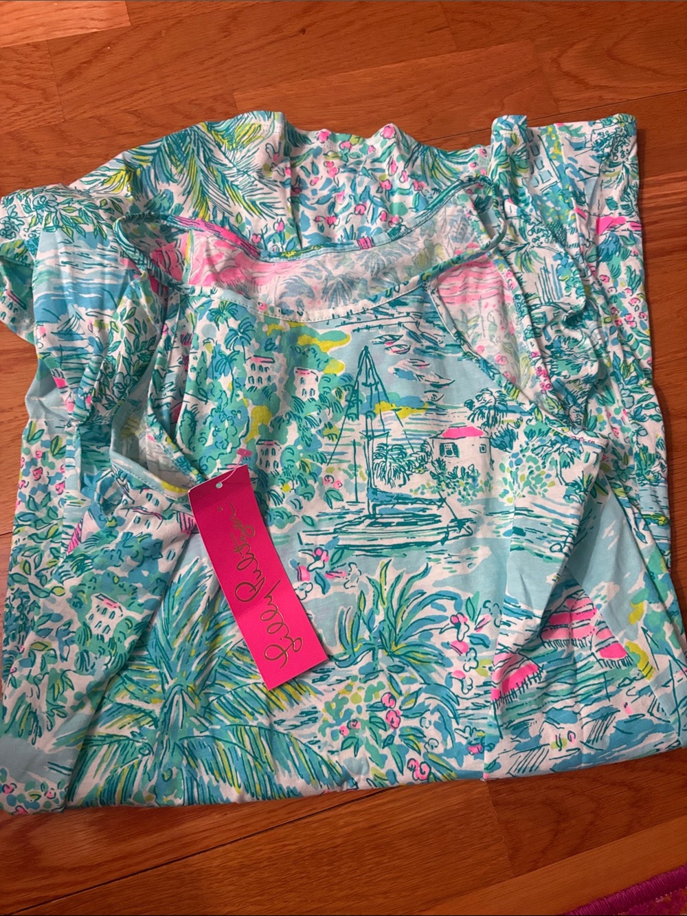 Lilly Pulitzer Aqua Tropical Print dress with Pink & Green Accents